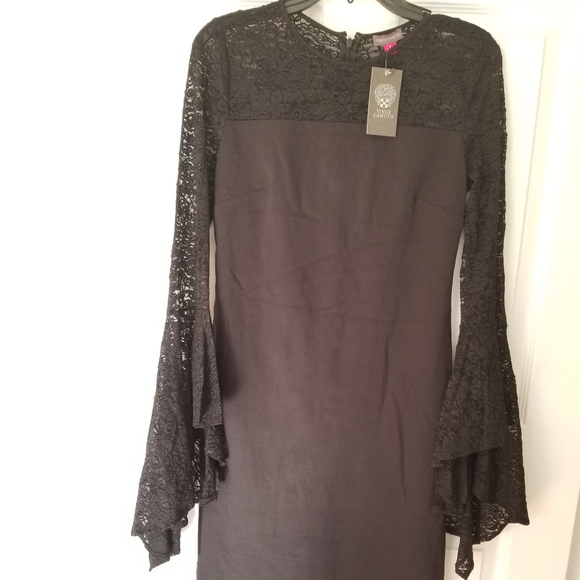 Vince Camuto Bell Sleeve Lace Ponte Dress Black - Picture 6 of 8